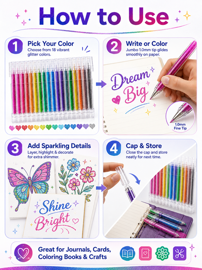✨ Glitter Gel Pen Set for Coloring, Drawing & Journaling