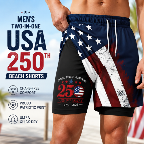 🩳 Men's Two-In-One USA 250th Beach Shorts
