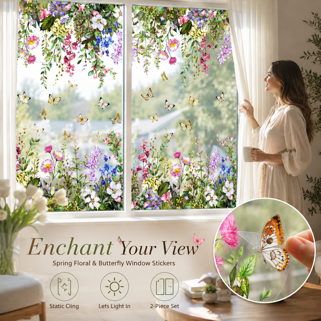 Spring Floral & Butterfly Window Stickers (2-Piece Set)