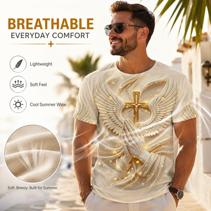 Men's 3D Religious Cross & Angel Wings T-Shirt