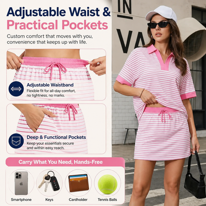 Striped V-Neck Polo & Skort 2-Piece Casual Set 🎾☀️