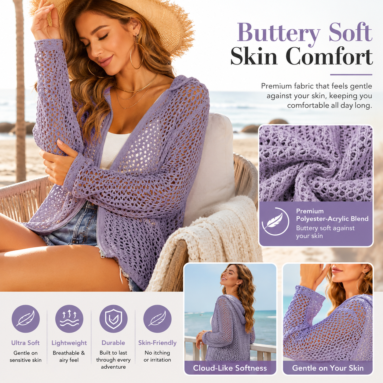 Lightweight Crochet Zip-Up Hooded Cardigan & Swim Cover-Up 🌊