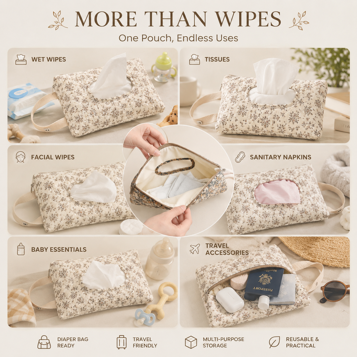 Hangable Floral Quilted Wet Wipes Pouch