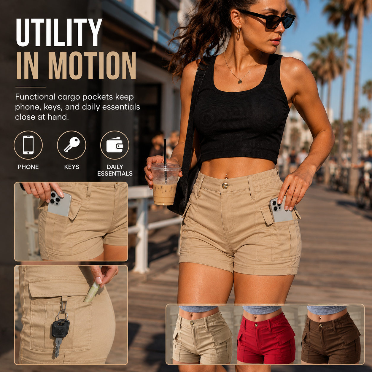 Women's High-Waisted Mini Cargo Shorts (3-Pack)