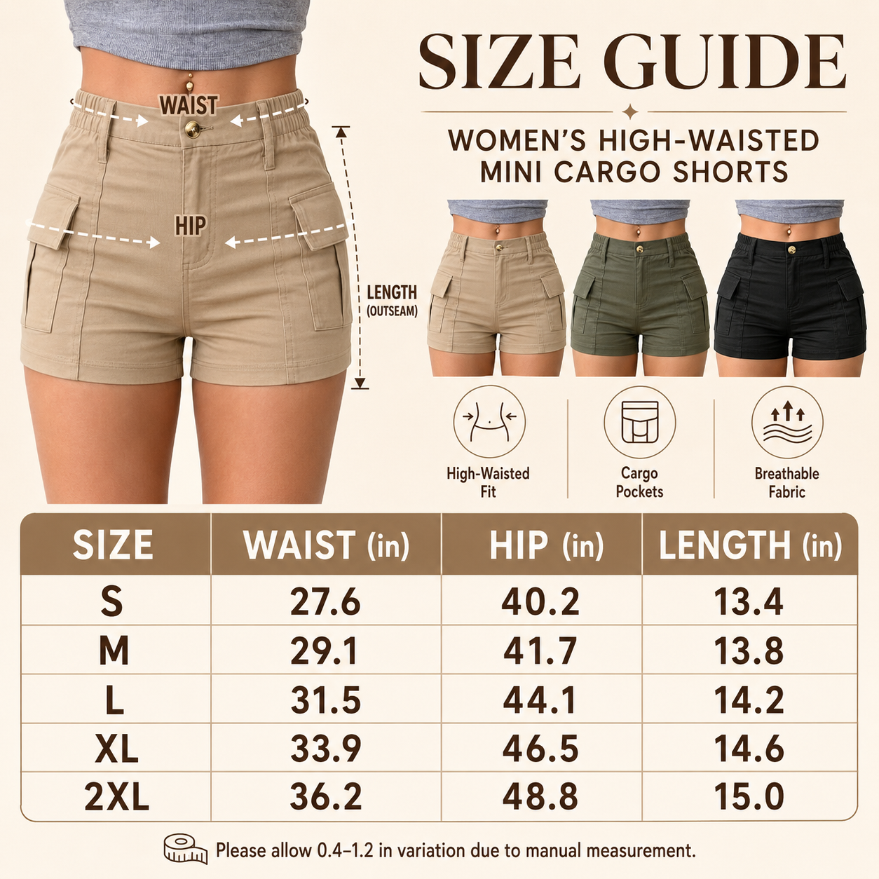 Women's High-Waisted Mini Cargo Shorts (3-Pack)