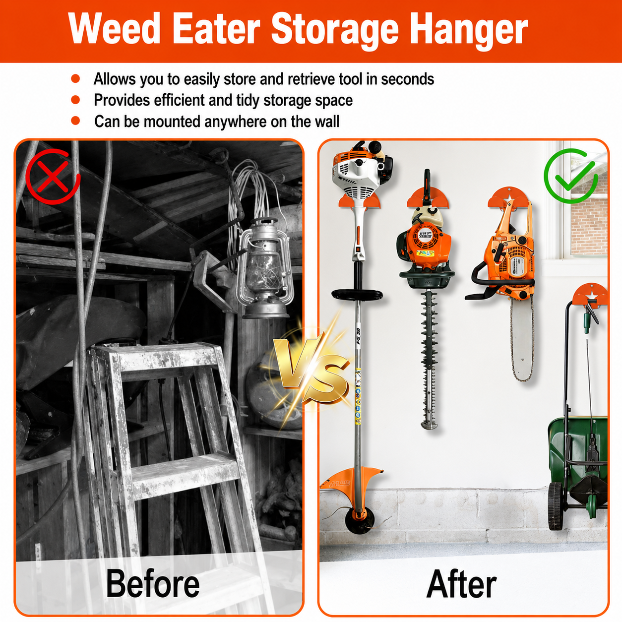 Heavy-Duty Garage Wall Tool Organizer & Weed Eater Rack