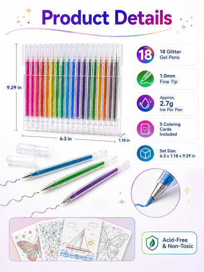 ✨ Glitter Gel Pen Set for Coloring, Drawing & Journaling