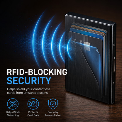 🔒 Slim Metal Card Holder – RFID Blocking with Pop-Up Card Access
