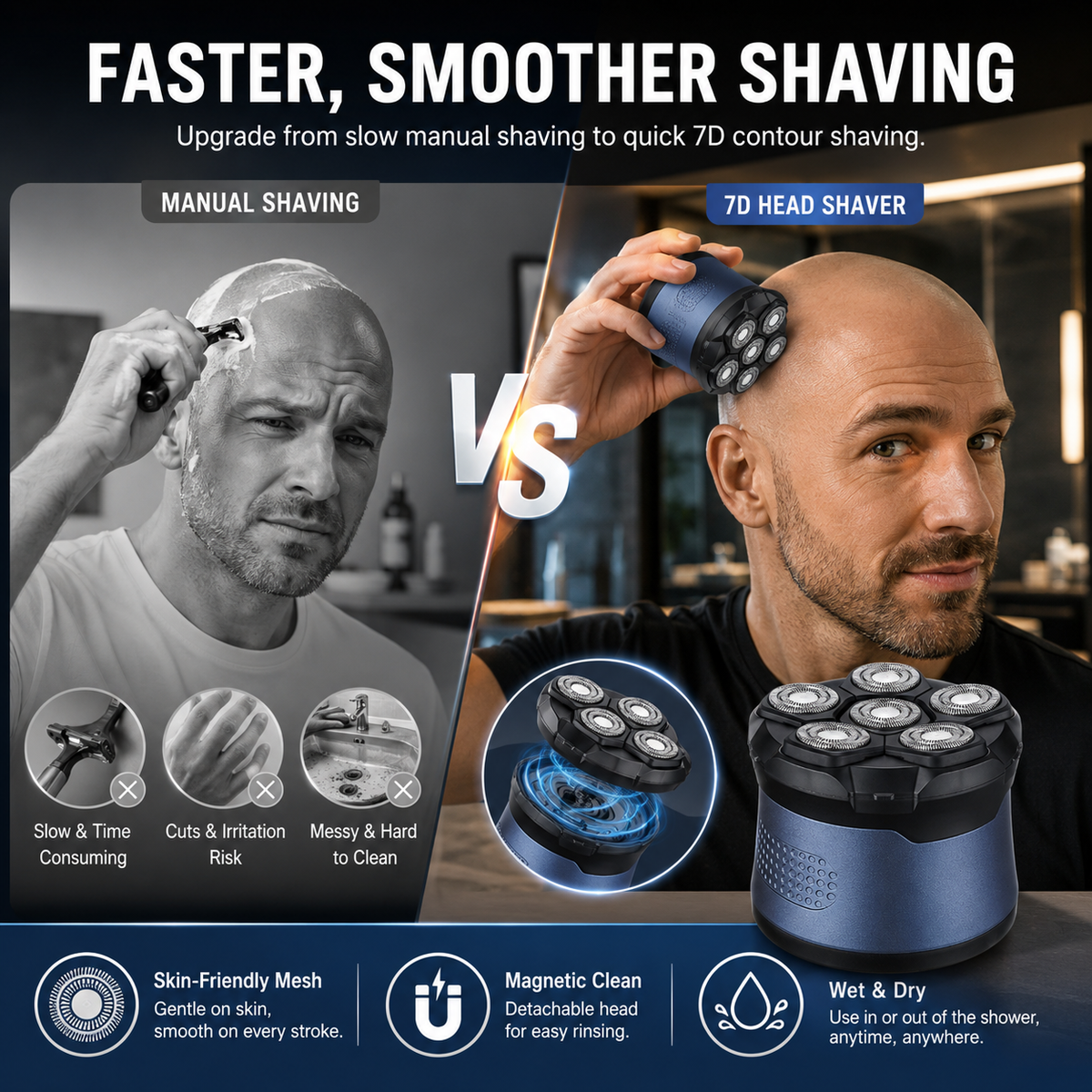 🔥🛠️ 7D Electric Head Shaver for Bald Men – Wet & Dry with Magnetic Detachable Head