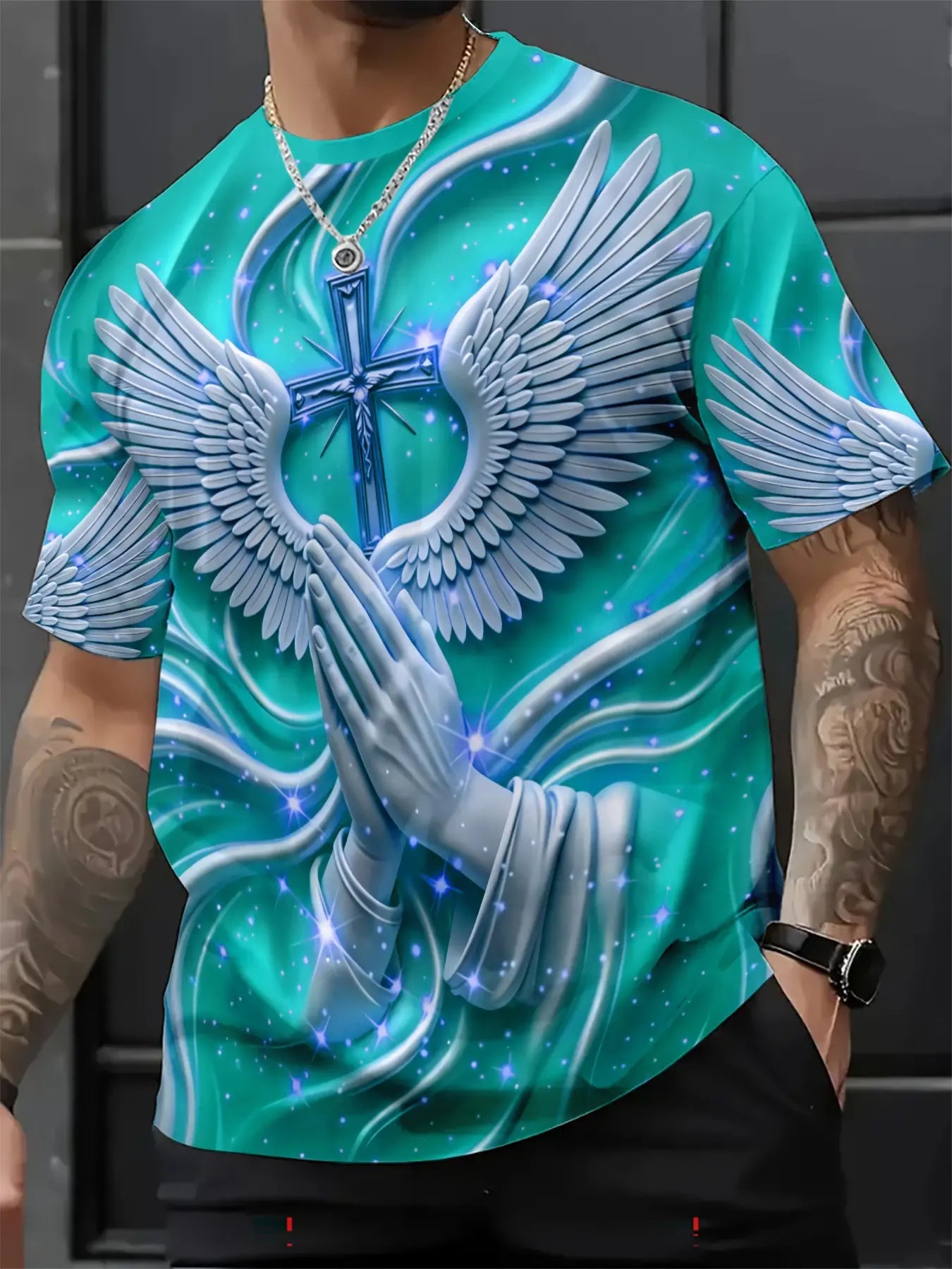 Men's 3D Religious Cross & Angel Wings T-Shirt