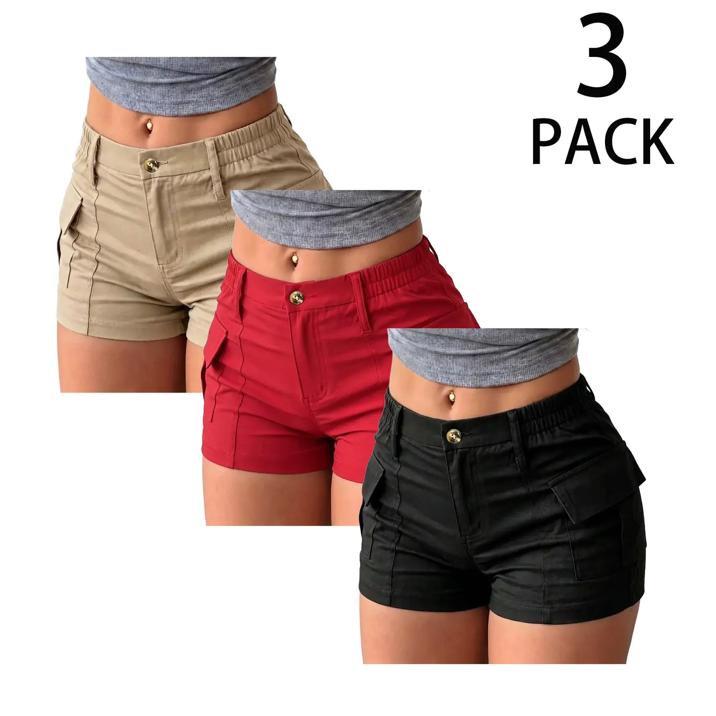 Women's High-Waisted Mini Cargo Shorts (3-Pack)